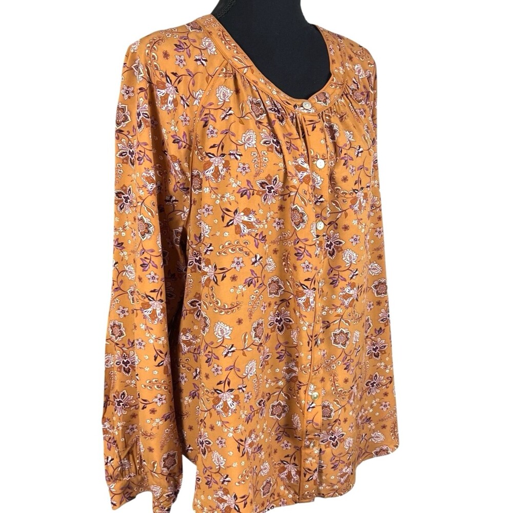 J. Jill Long Sleeve Dark Floral Button Up Peasant Flowy Top Blouse 2X Relaxed